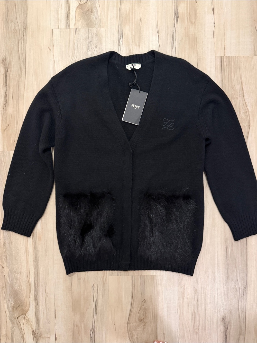 FENDI  Black V-Neck Cardigan with real mink Fur Pocket Accents
